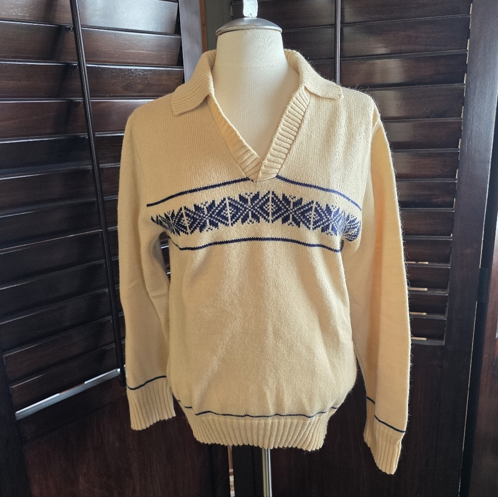 Vintage 70s Brentwood Sportwear Ski Sweater Tan Blue Womens Medium - Picture 6 of 6